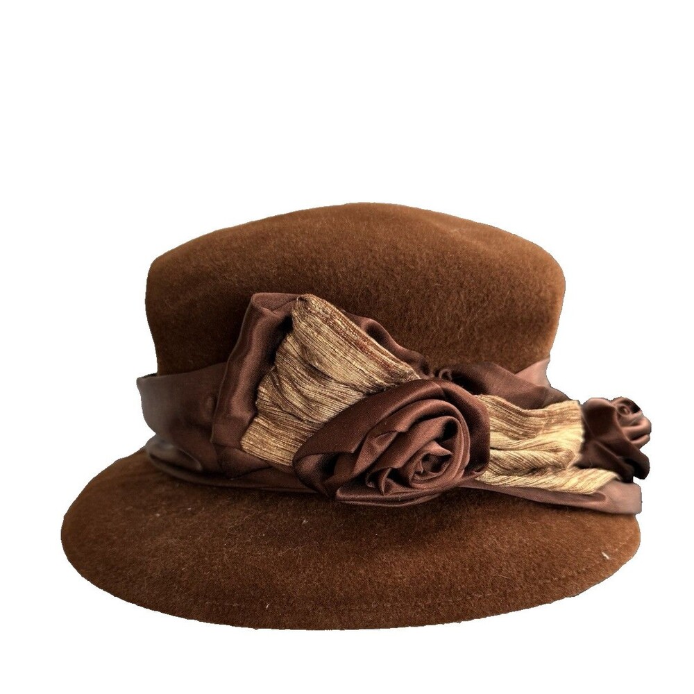 Langston Bourquin Vintage Wool Brim Hat Rosette & Bow Brown & Gold Granny NWT